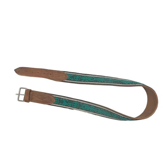 Handmade Leather Belt Woven Tribal Animal Motifs Green Tan - Picture 1 of 8
